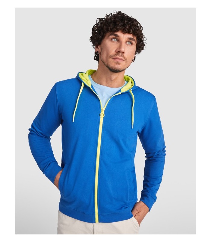 Sudadera con capucha negra y cremallera color flúor personalizada